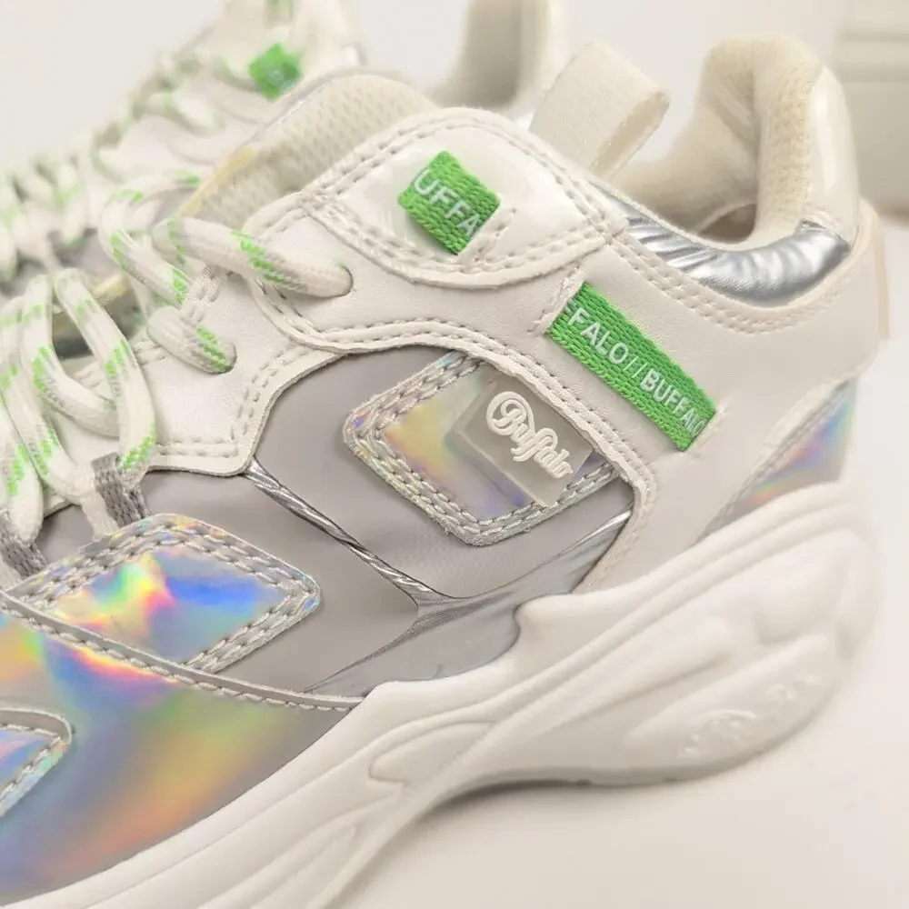 Buffalo B.NCE S2 White Silver Iridescent Lace Up Sneakers Size 7.5